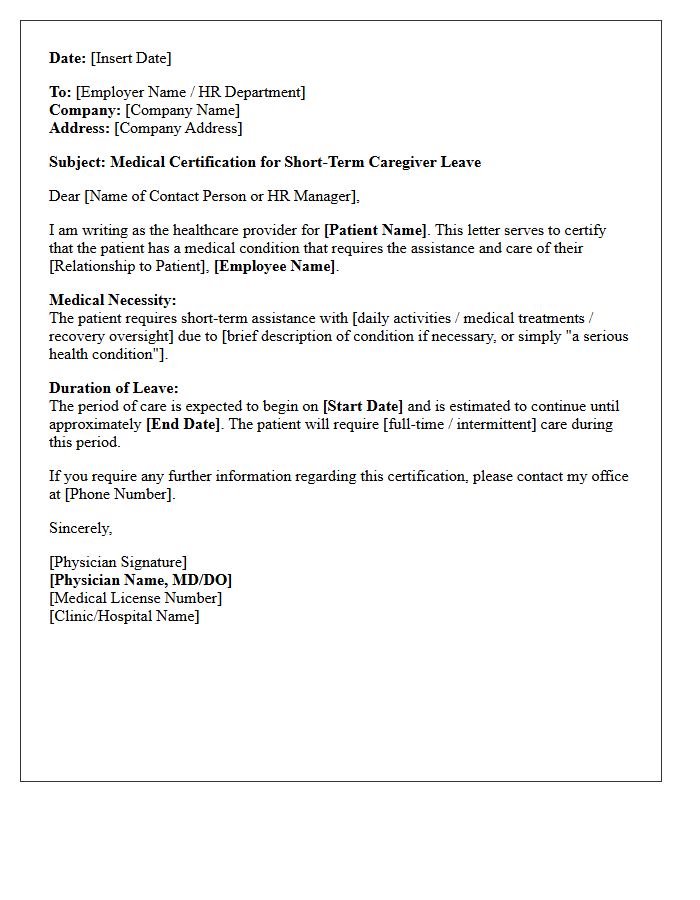 Short-Term Caregiver Leave Medical Certification Letter