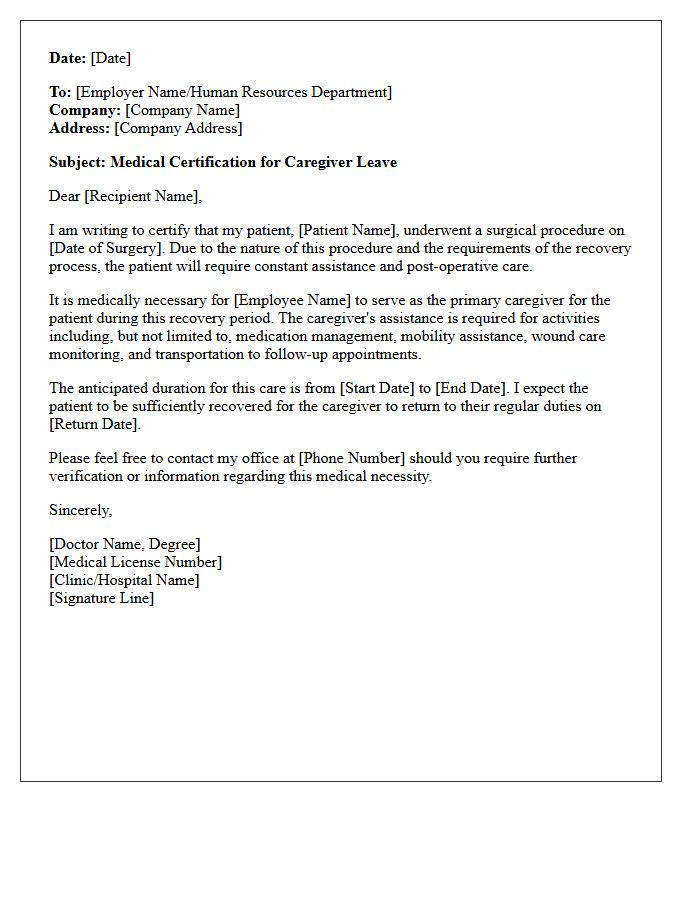 Post-Operative Caregiver Leave Medical Certification Letter