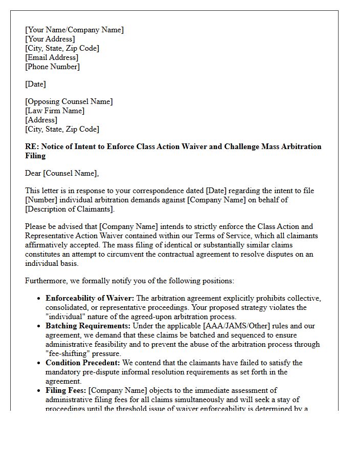 Mass Arbitration Threat Class Action Waiver Enforceability Letter