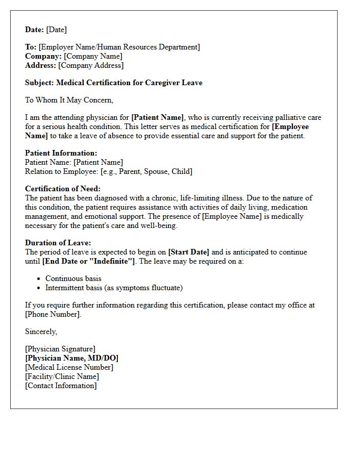 Palliative Care Caregiver Leave Medical Certification Letter