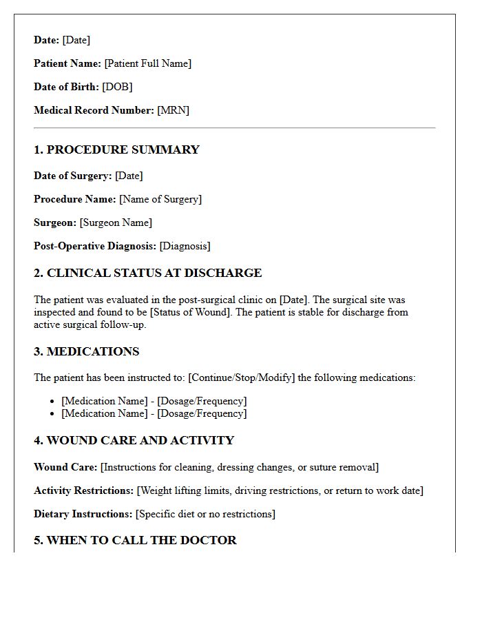 Post-Surgical Clinic Patient Discharge Summary Letter