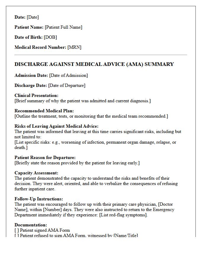 Discharge Against Medical Advice Summary Letter