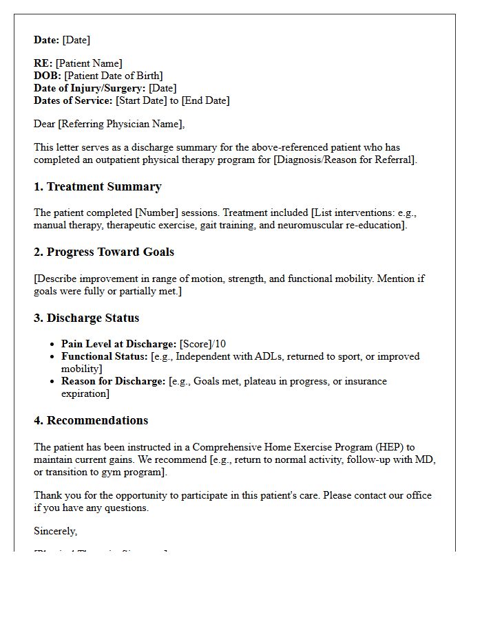 Outpatient Physical Therapy Discharge Summary Letter