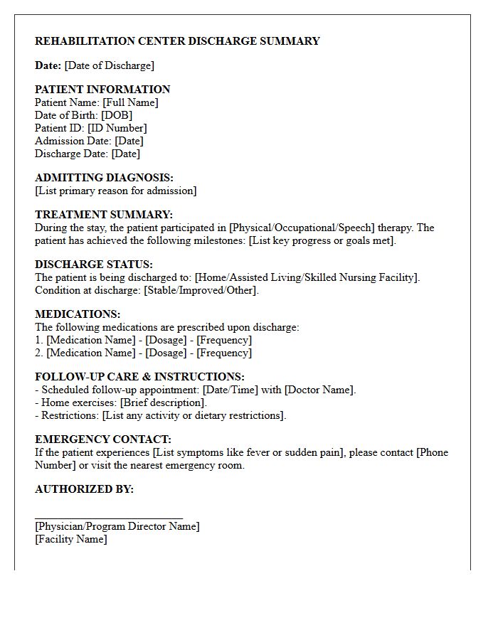 Rehabilitation Center Patient Discharge Summary Letter