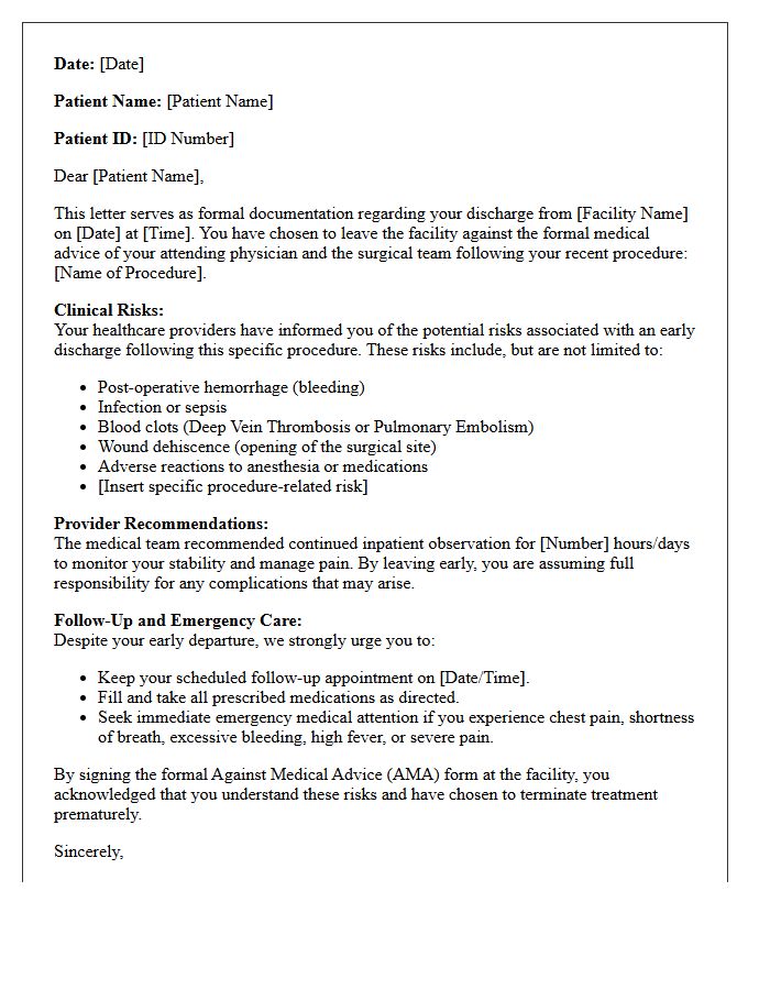 Early Post-Procedure Against Medical Advice Discharge Letter
