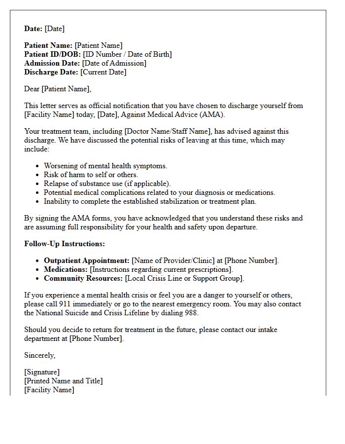 Behavioral Health Against Medical Advice Discharge Letter
