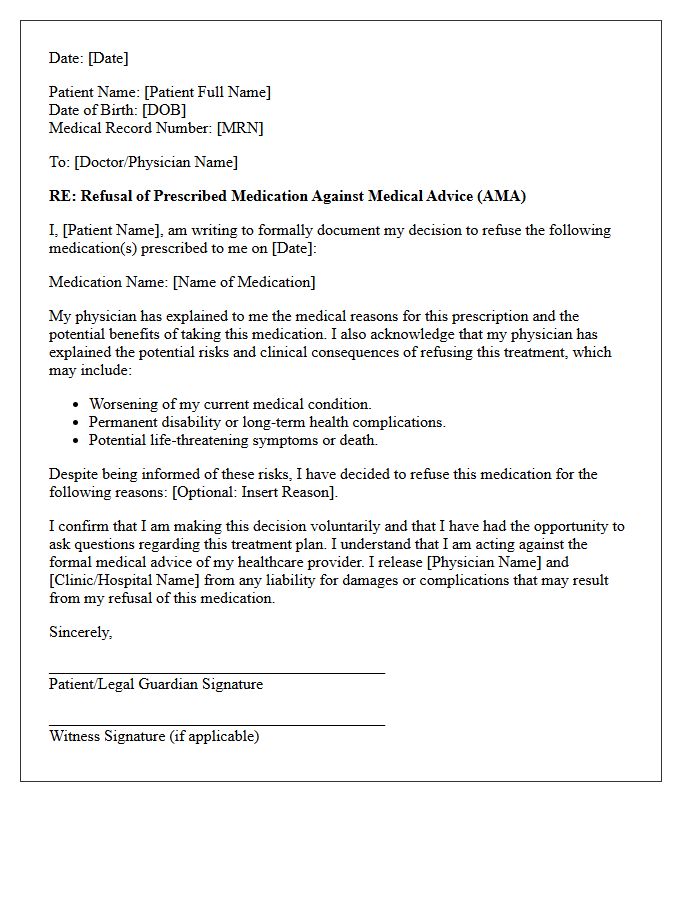 Refusal of Prescription Medication Against Medical Advice Letter