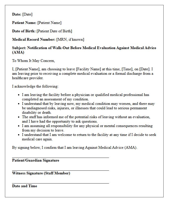 Walk-Out Before Evaluation Against Medical Advice Letter