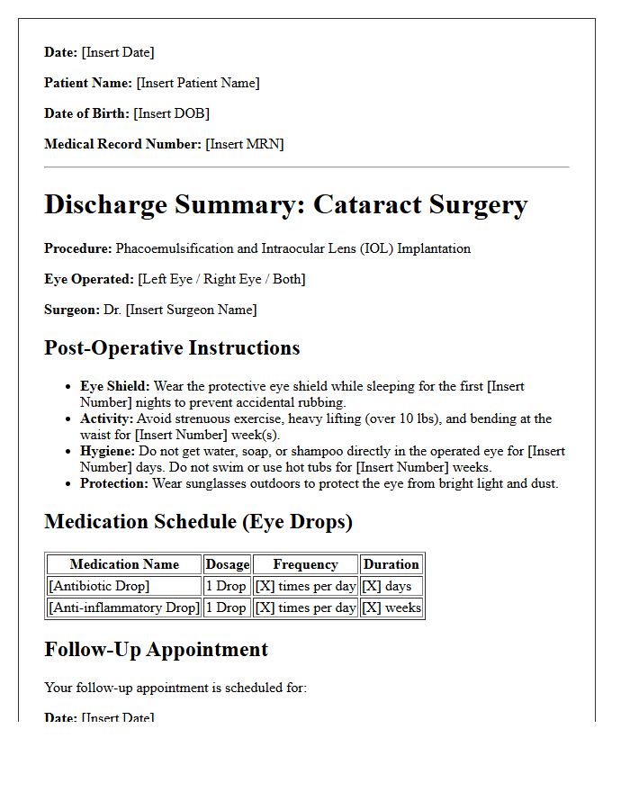 Cataract Surgery Post-Operative Discharge Letter