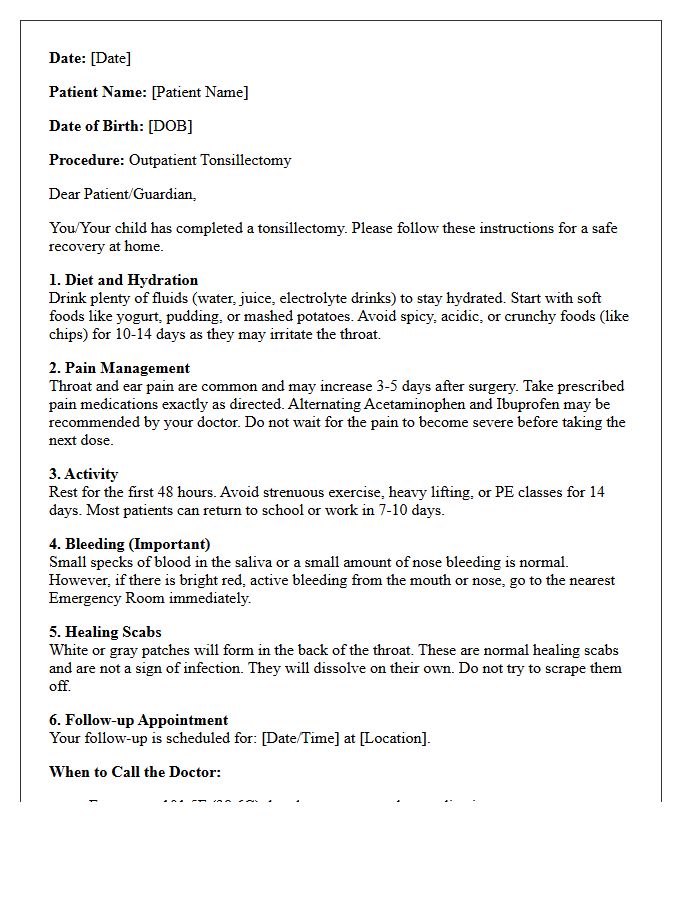 Outpatient Tonsillectomy Post-Operative Discharge Letter