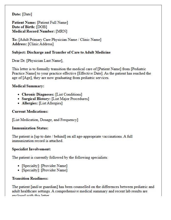 Pediatric Transition to Adult Care Discharge Letter