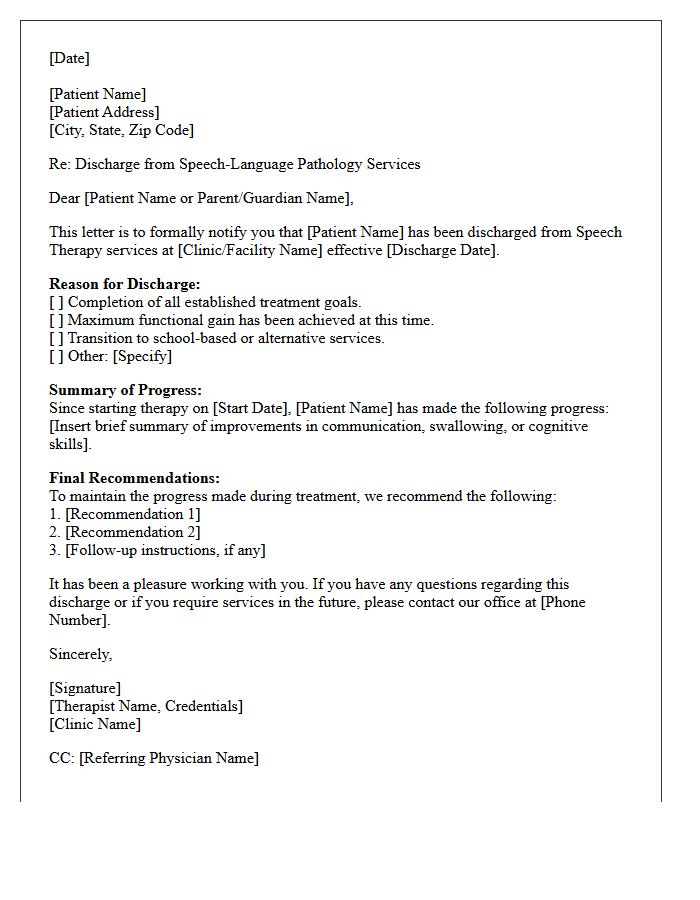 Speech Therapy Treatment Completion Discharge Letter