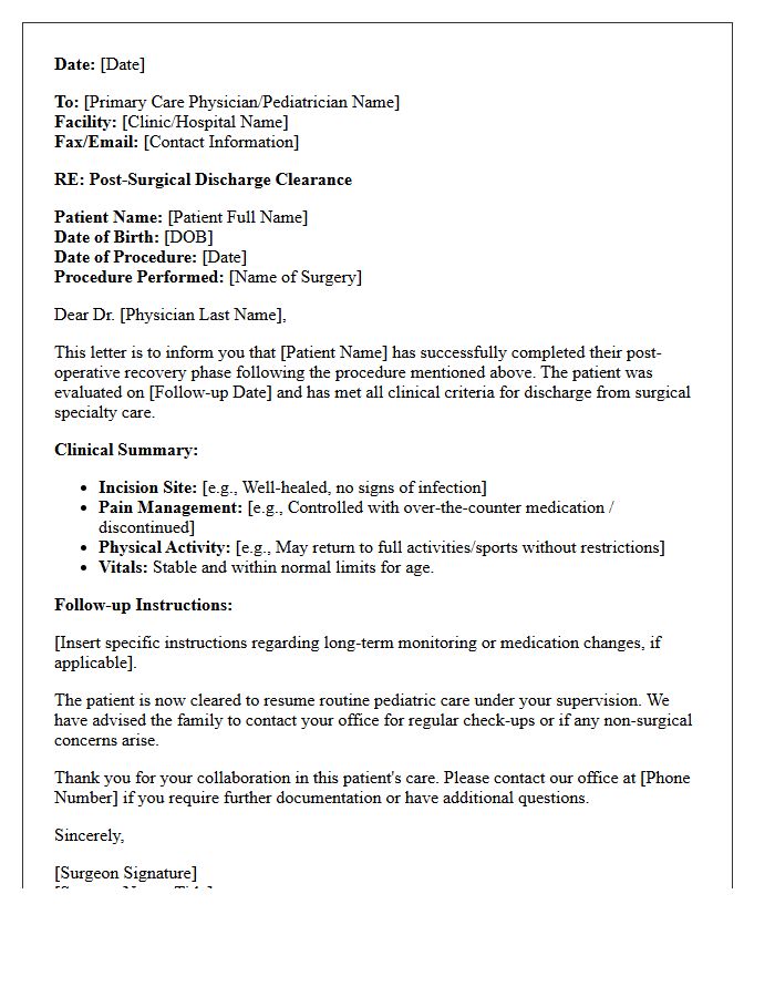 Post-Surgical Pediatric Clearance Discharge Letter