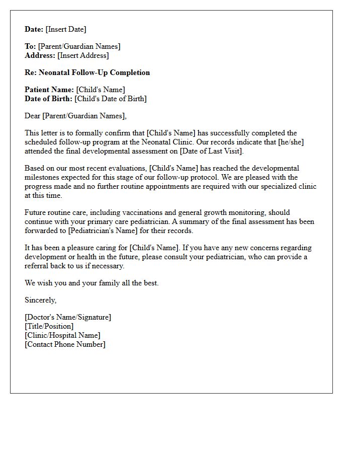 Neonatal Clinic Follow-Up Completion Letter