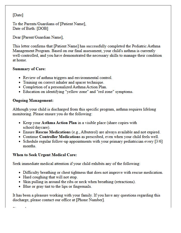 Pediatric Asthma Management Program Discharge Letter