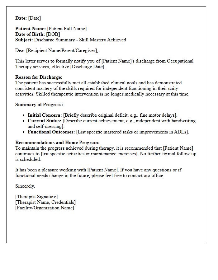 Occupational Therapy Skill Mastery Discharge Letter