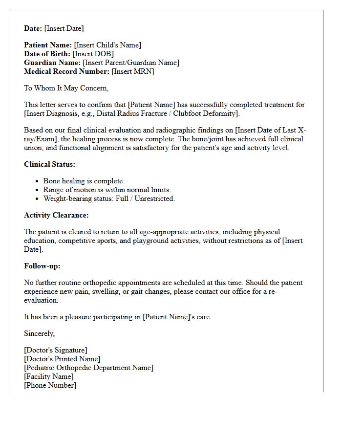 Pediatric Orthopedic Healing Completion Discharge Letter