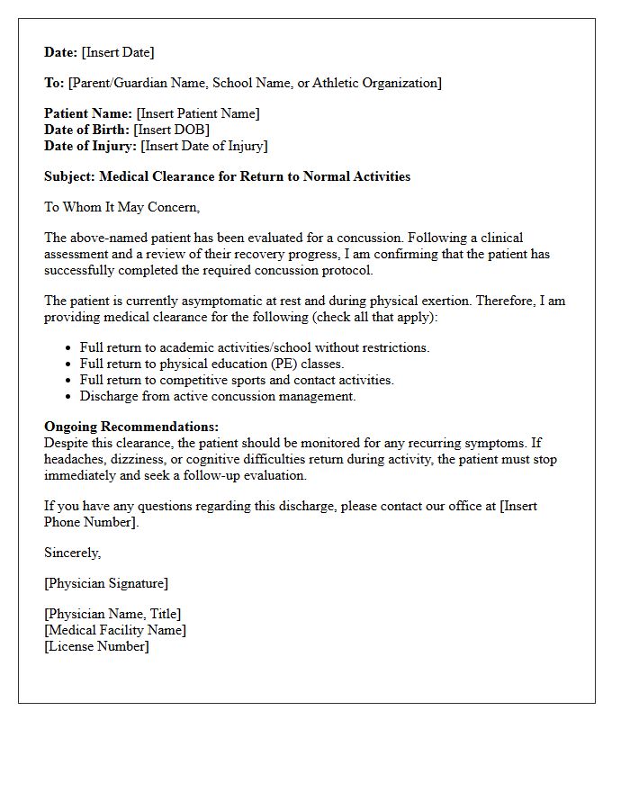 Concussion Protocol Clearance and Discharge Letter