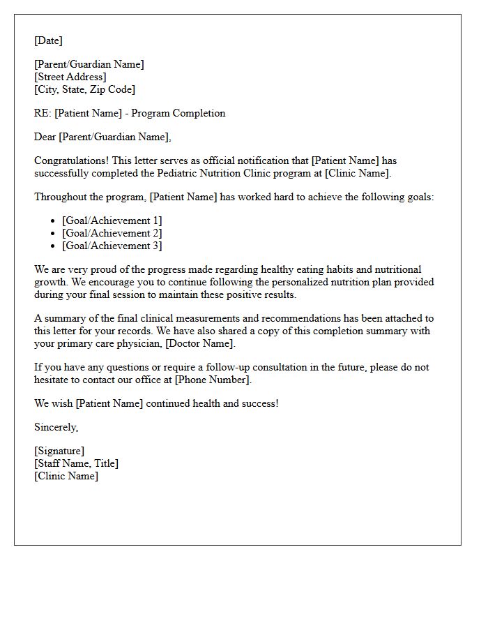 Pediatric Nutrition Clinic Program Completion Letter
