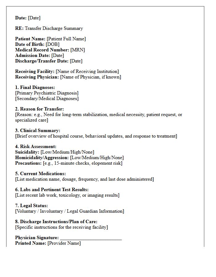 Psychiatric Facility Transfer Discharge Letter