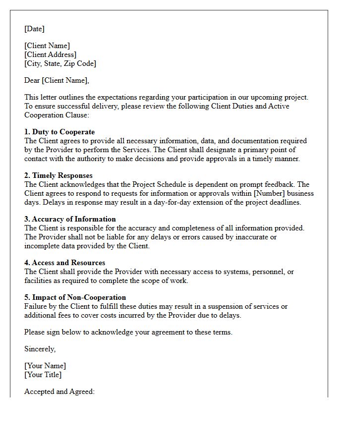 Client Duties and Active Cooperation Letter Clause