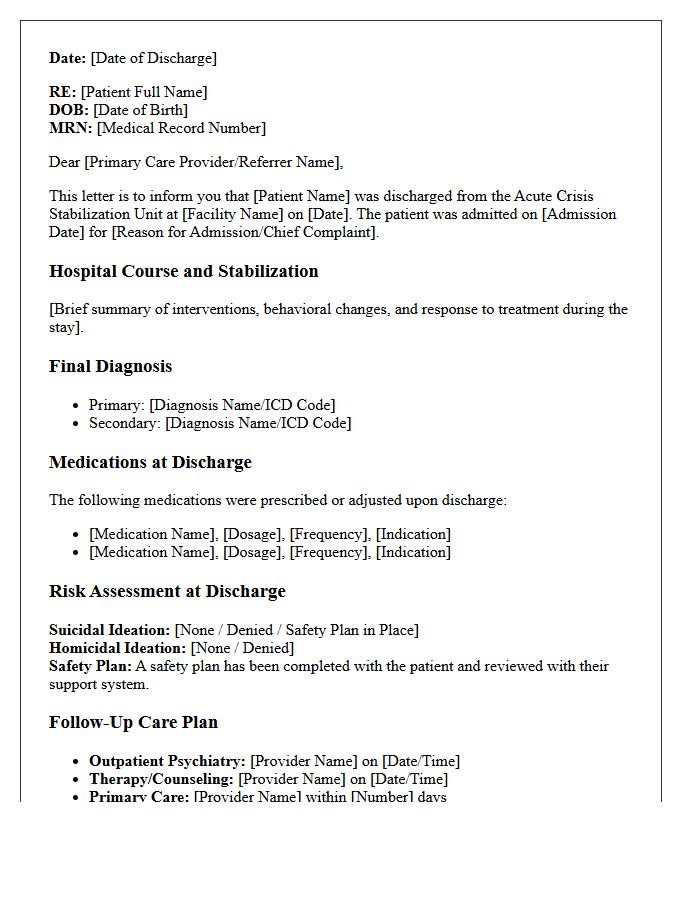 Acute Crisis Stabilization Psychiatric Discharge Letter