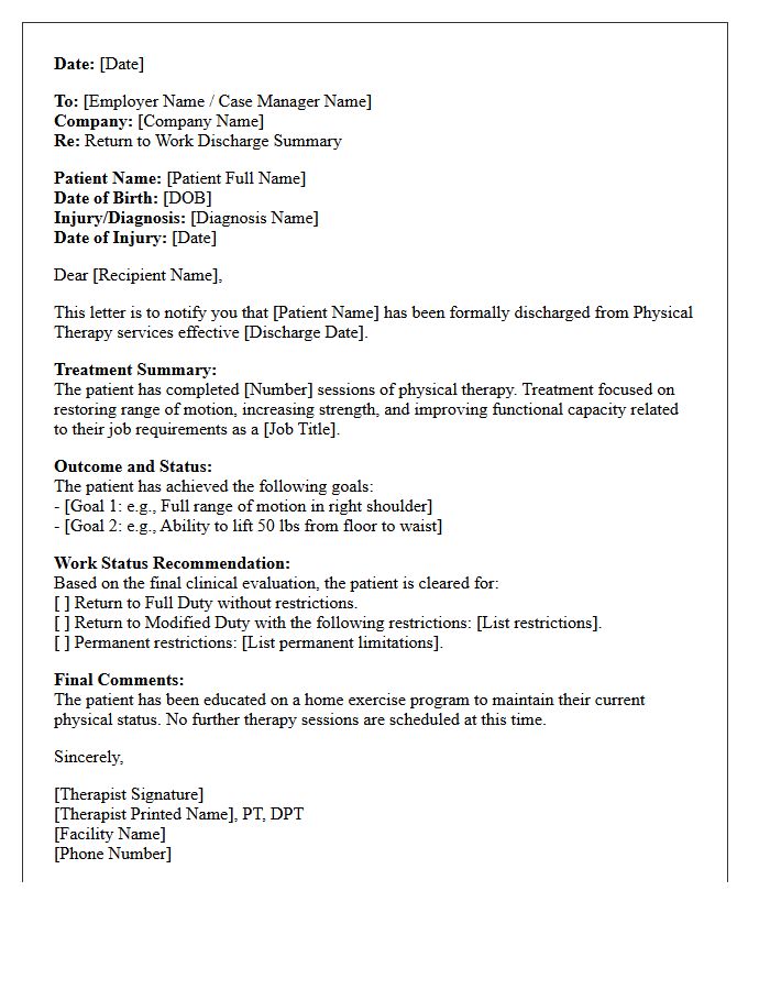 Return to Work Physical Therapy Discharge Letter
