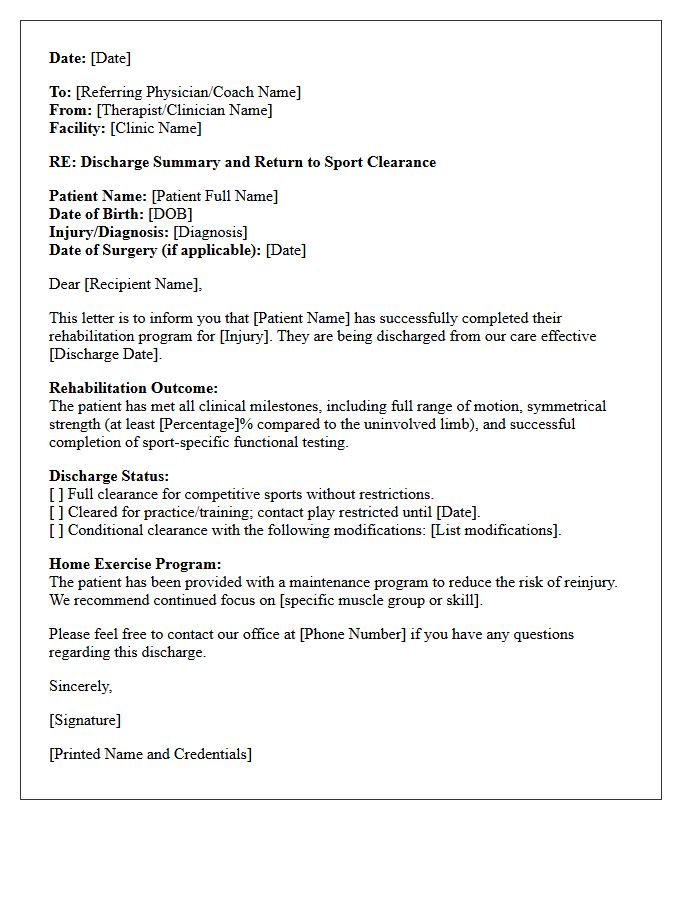 Return to Sports Rehabilitation Discharge Letter