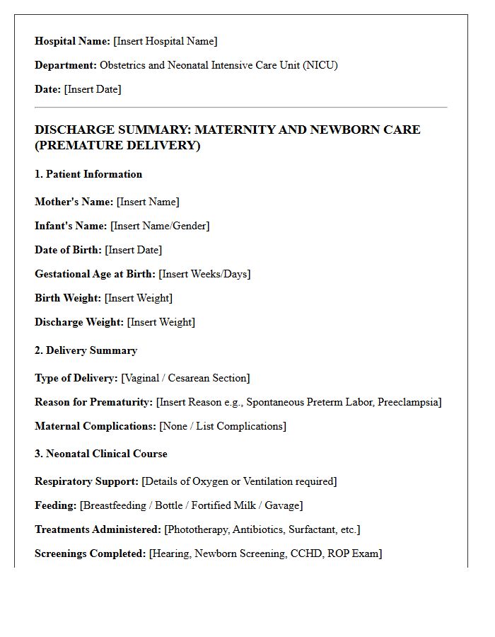 Premature Delivery Maternity And Newborn Care Discharge Letter