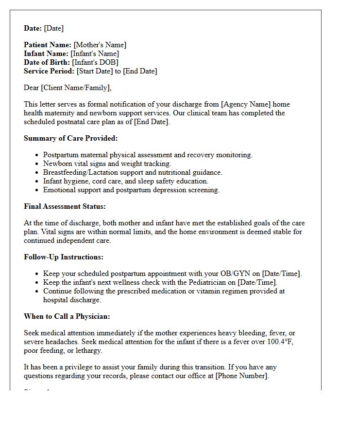 Home Health Support Maternity And Newborn Care Discharge Letter