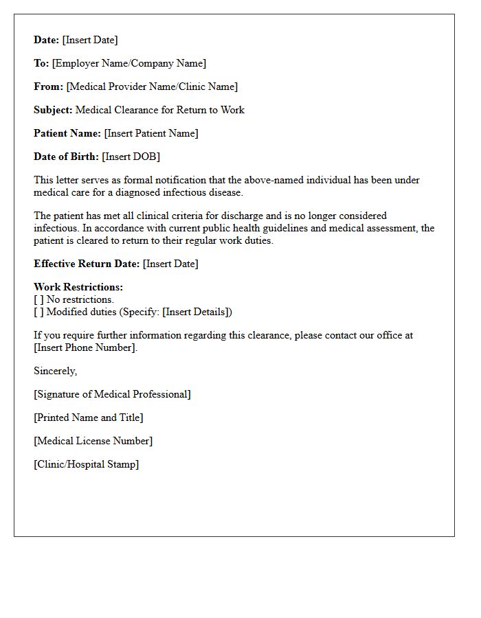 Return to Work Infectious Disease Clearance Discharge Letter