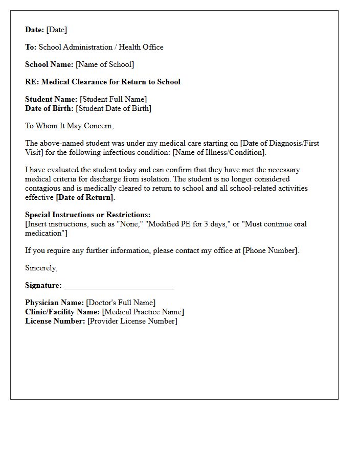 Return to School Infectious Disease Clearance Discharge Letter