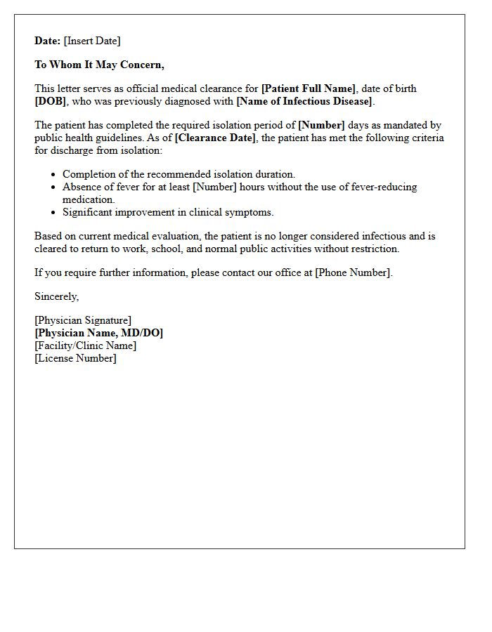 Post-Isolation Infectious Disease Clearance Discharge Letter