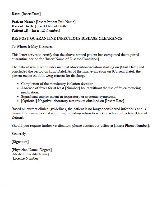 Post-Quarantine Infectious Disease Clearance Discharge Letter