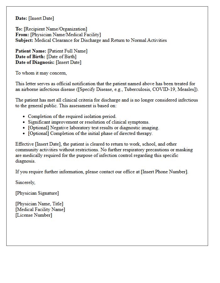 Airborne Pathogen Infectious Disease Clearance Discharge Letter