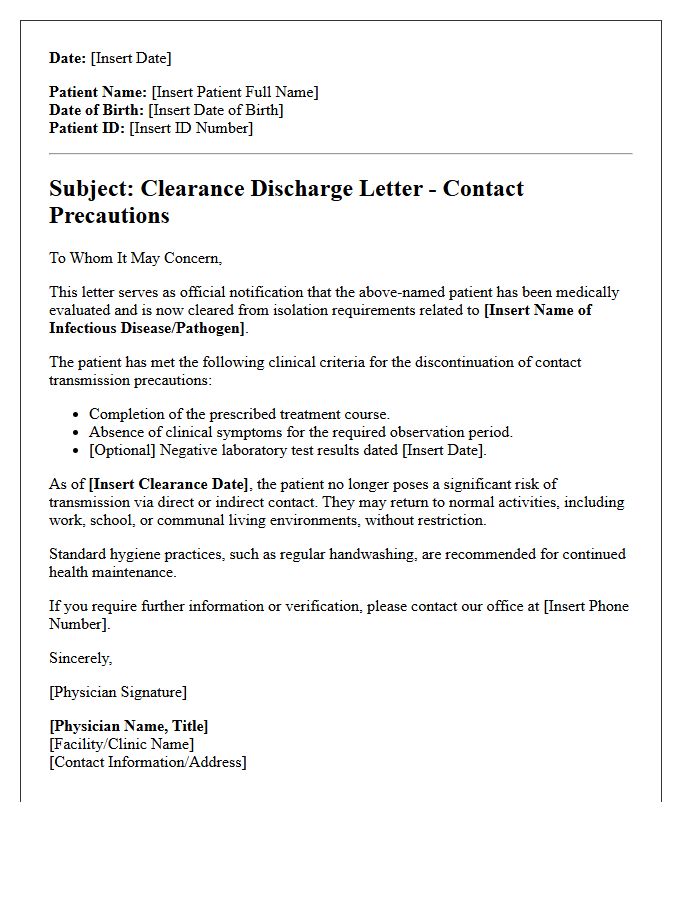 Contact Transmission Infectious Disease Clearance Discharge Letter