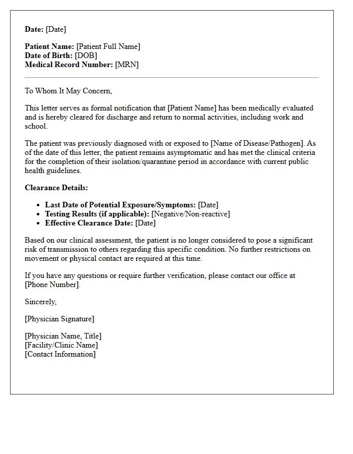 Asymptomatic Patient Infectious Disease Clearance Discharge Letter