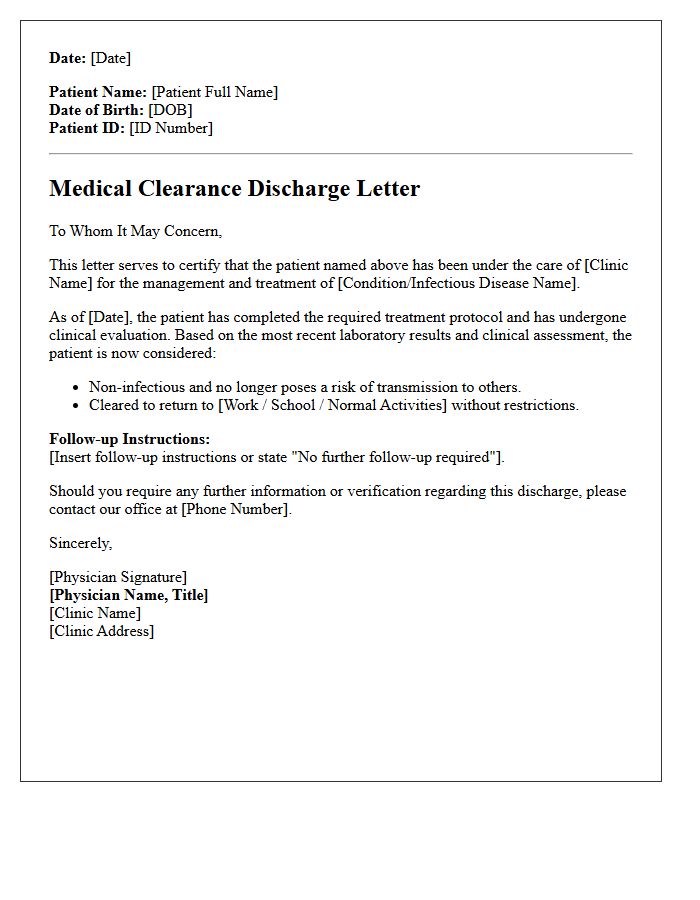 Standard Medical Clinic Infectious Disease Clearance Discharge Letter