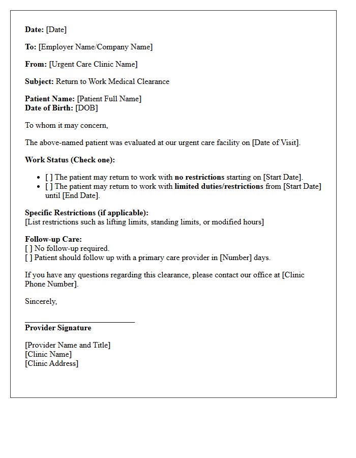 Return To Work Urgent Care Discharge Letter
