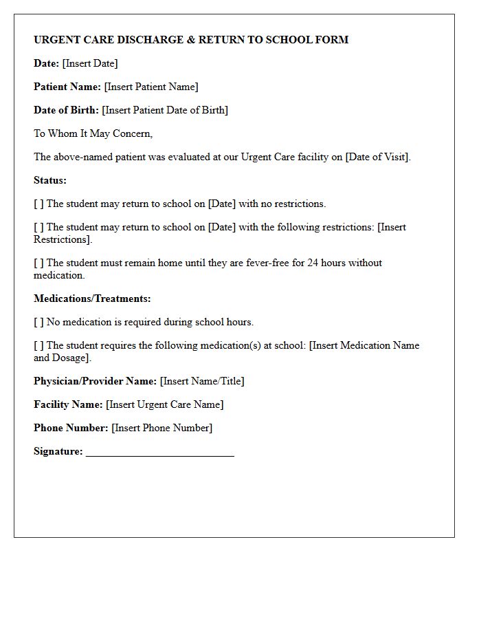 Return To School Urgent Care Discharge Letter