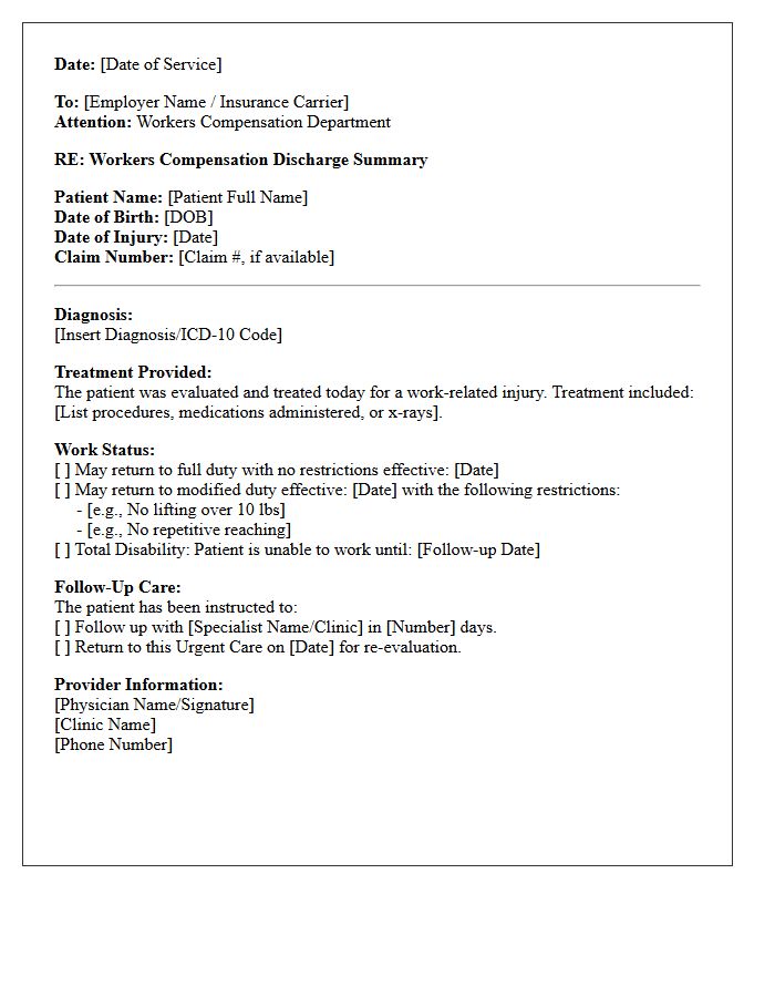 Workers Compensation Urgent Care Discharge Letter