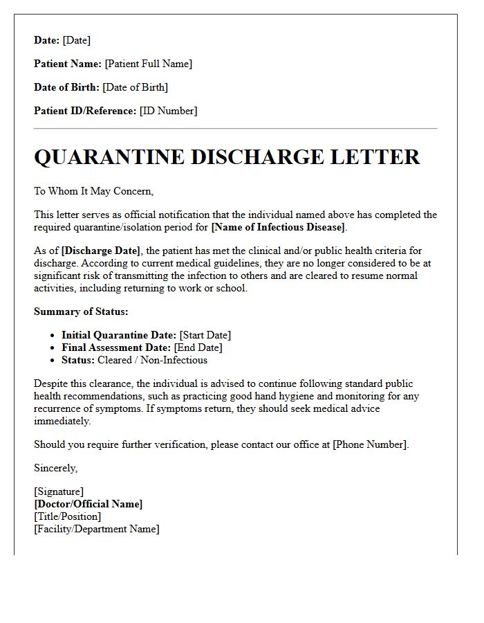 Infectious Disease Quarantine Discharge Letter
