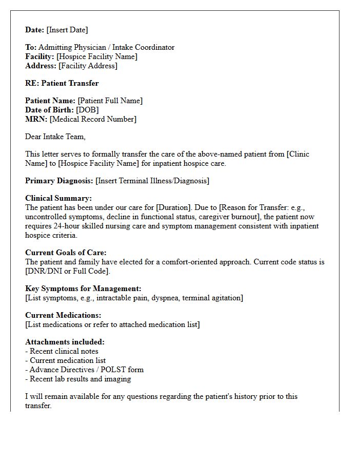 Outpatient Clinic to Inpatient Hospice Transfer Letter