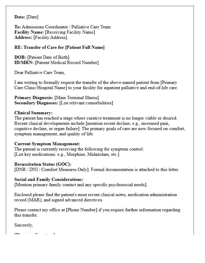 Primary Care to Palliative Facility Transfer Letter