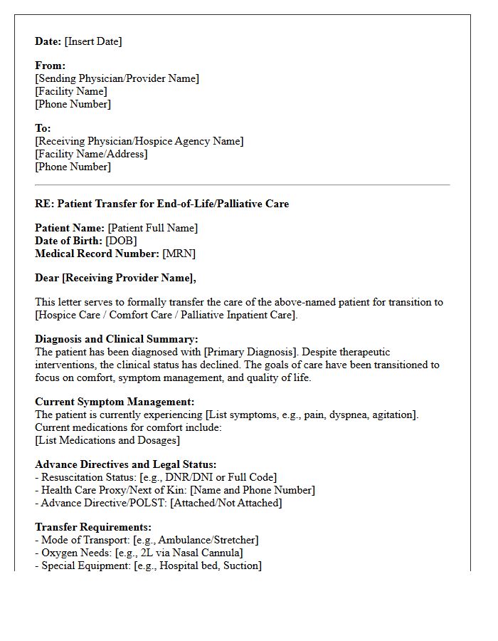 End of Life Care Transition and Transfer Letter