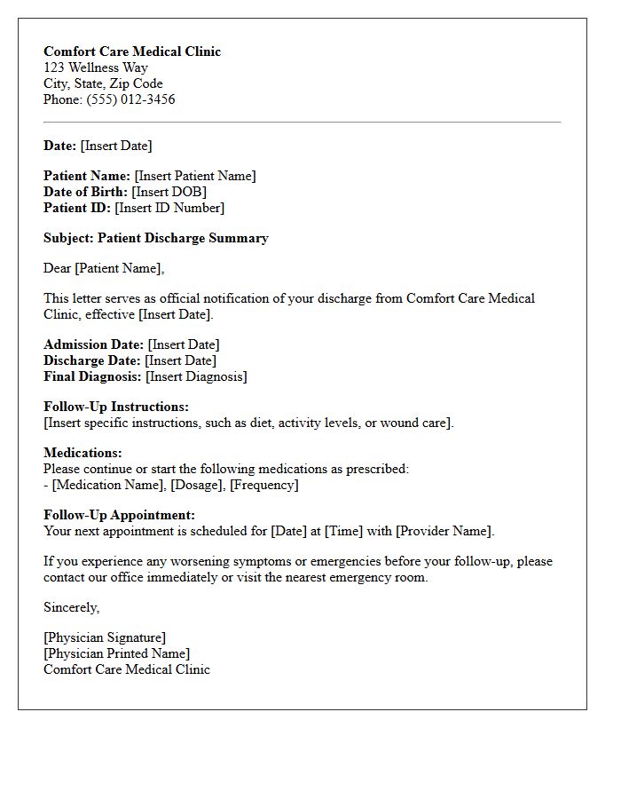 Comfort Care Medical Clinic Discharge Letter