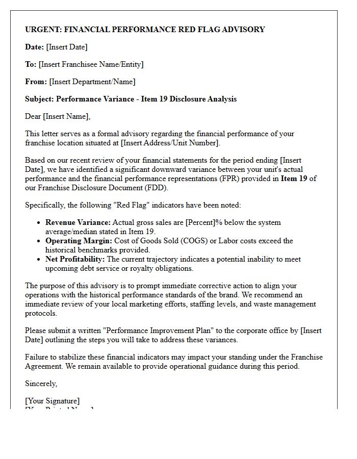Item Nineteen Financial Performance Red Flag Advisory Letter