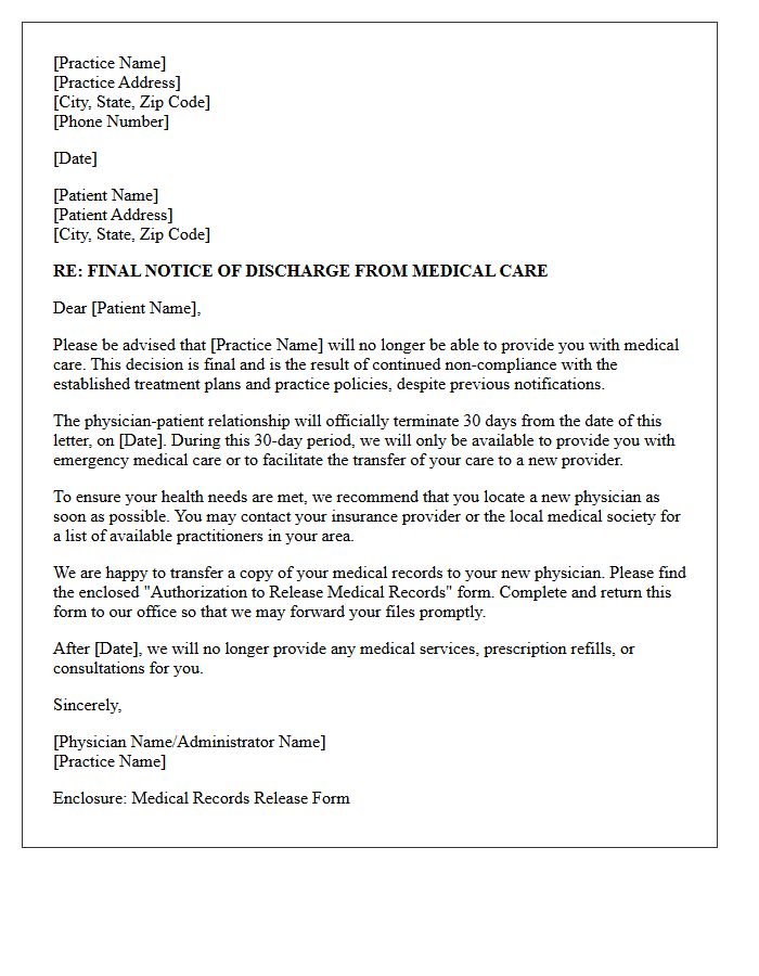 Final Notice of Discharge Letter for Non-Compliance