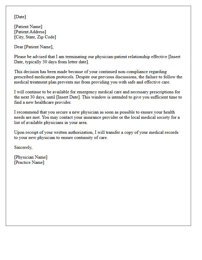 Physician Dismissal Letter for Medication Non-Compliance