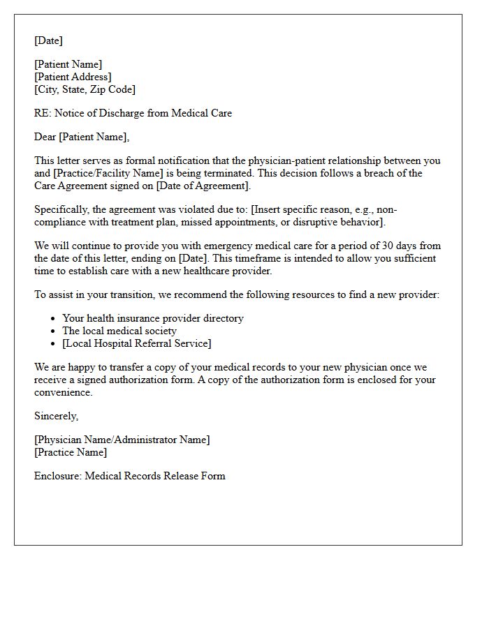 Breach of Care Agreement Discharge Letter